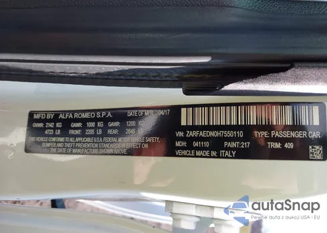 2017 Alfa Romeo Giulia Awd from USA, damaged, VIN ZARFAEDN0H7550110